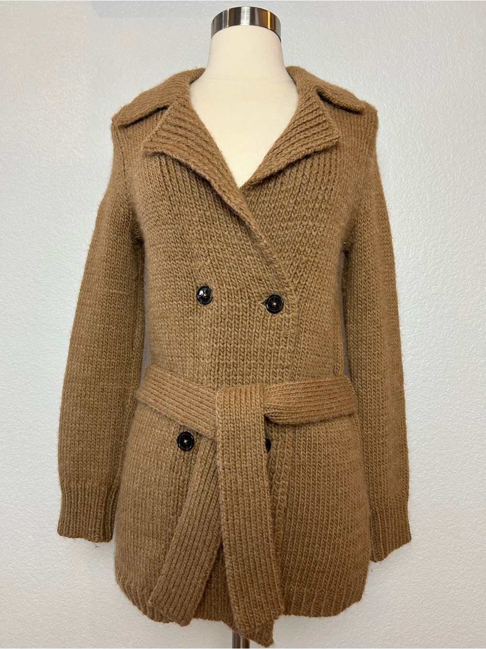 Tory Burch Cardigan Sweater Women's XS Tan Alpaca Wool Blend Collar Double Breas